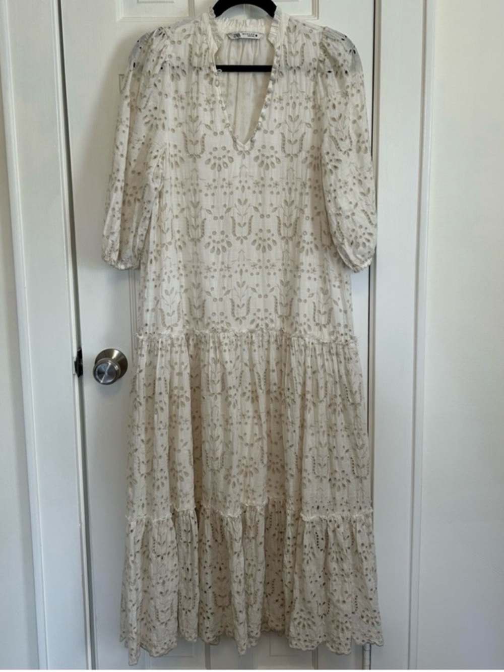 Zara Cream Eyelet V-Neck Maxi Dress
